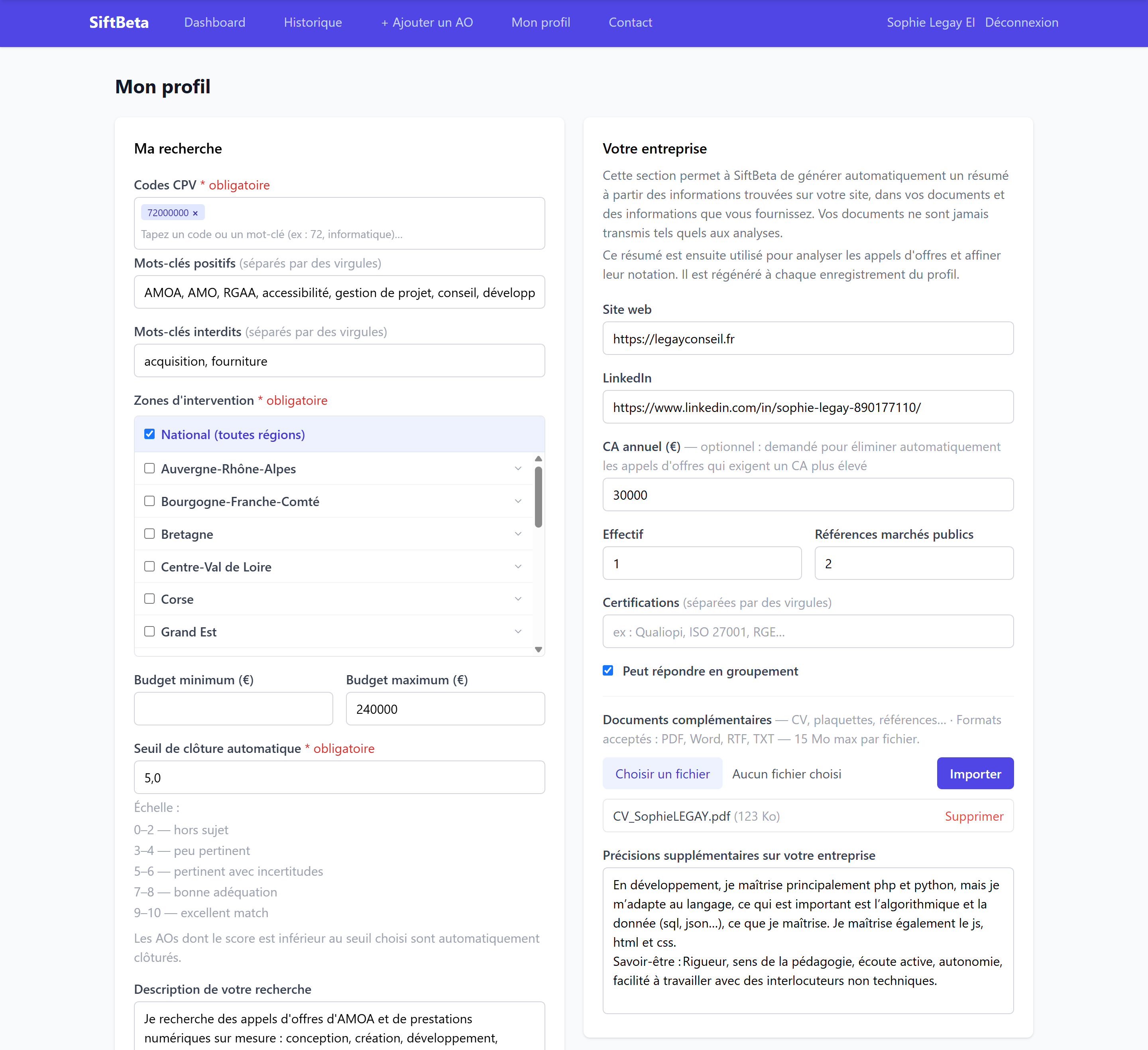 Formulaire de profil SiftBeta